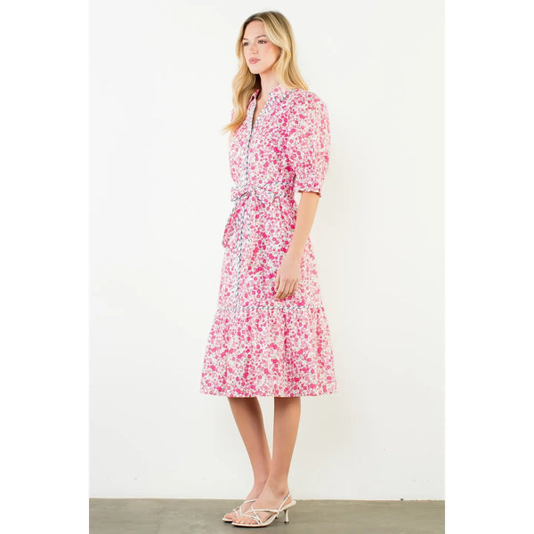 Pink Sleeve Floral Detail Button Down Dress