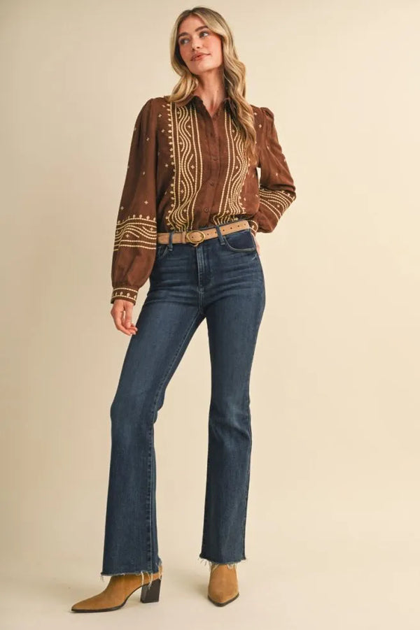 Suede Chocolate Brown Embroidered Top