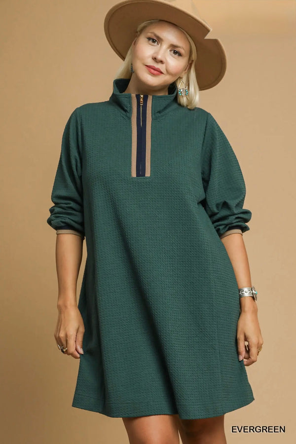 Evergreen Waffle Knit Quarter Zip Dress