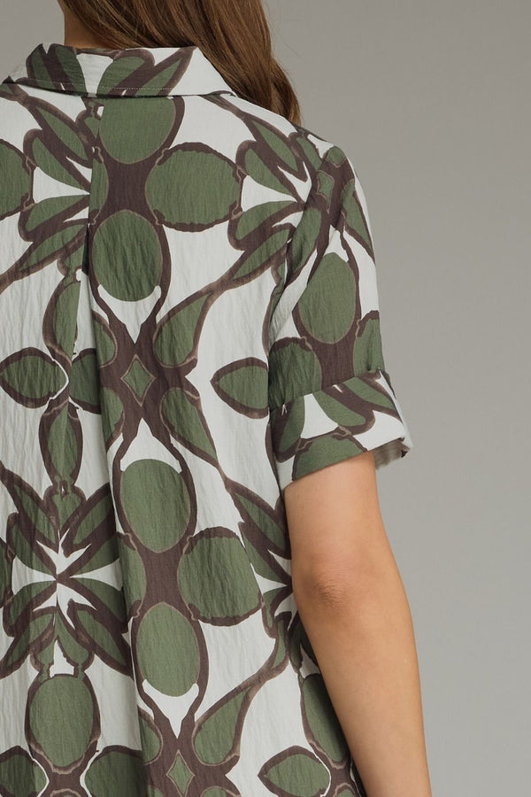 Olive Printed Shirt Dress featuring Gold Button Detail