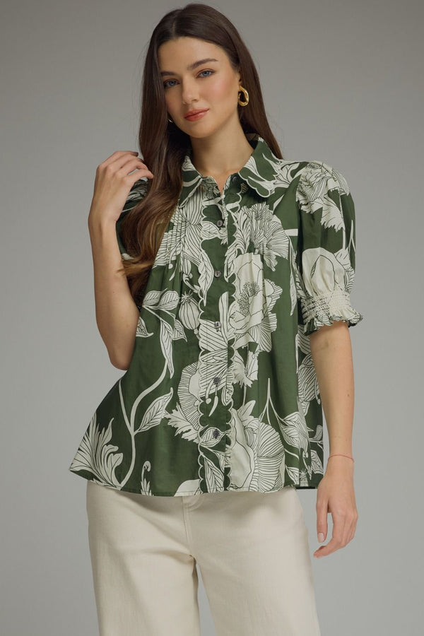 Floral Fern Print Puff Sleeve Top Featuring Scallop Trim