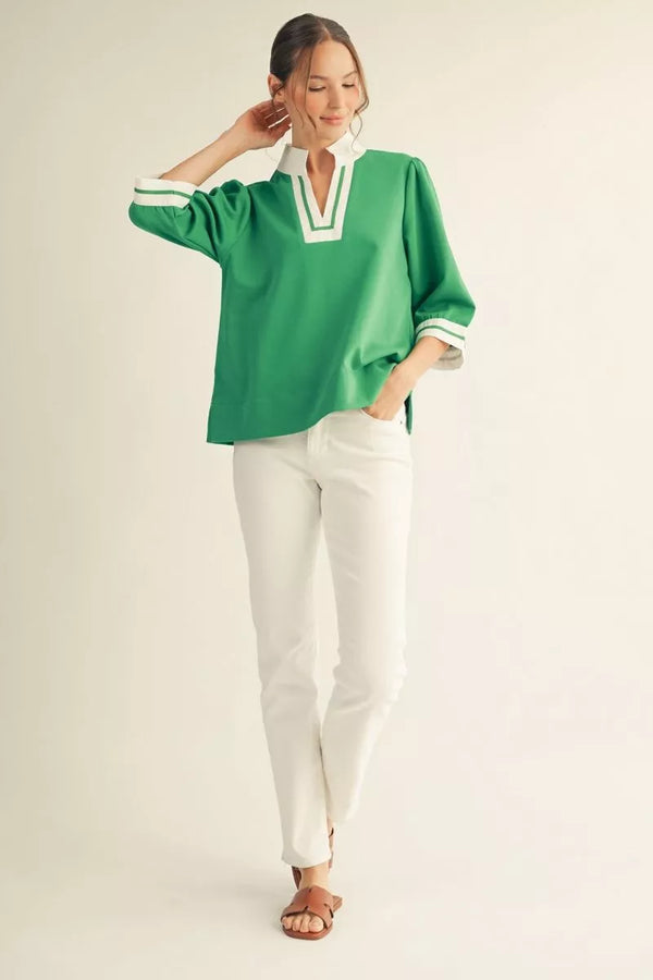 Kelly Green 3/4 Sleeves Top w Color Contrast Accent