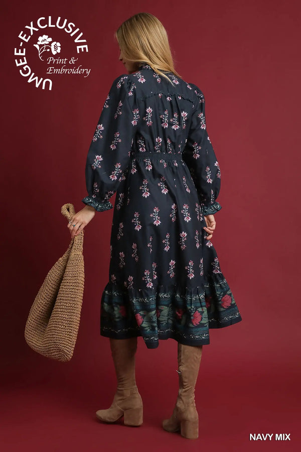 Navy Floral Maxi Dress with Smocked Waist & Ruffle Trim