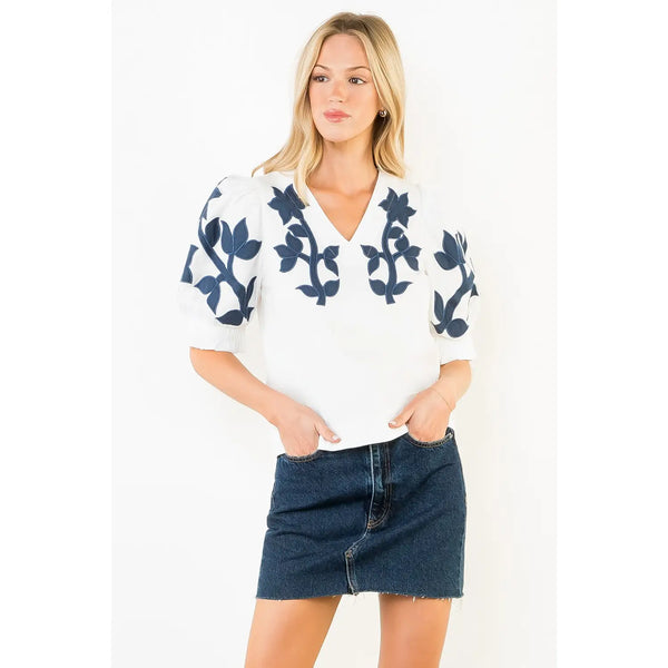 Emb Puff Sleeve White Top
