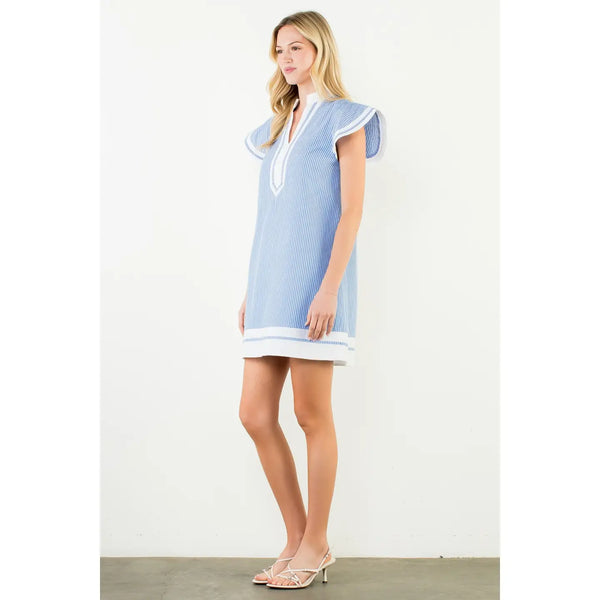 Blue Flutter Sleeve Striped V-Neck Dress