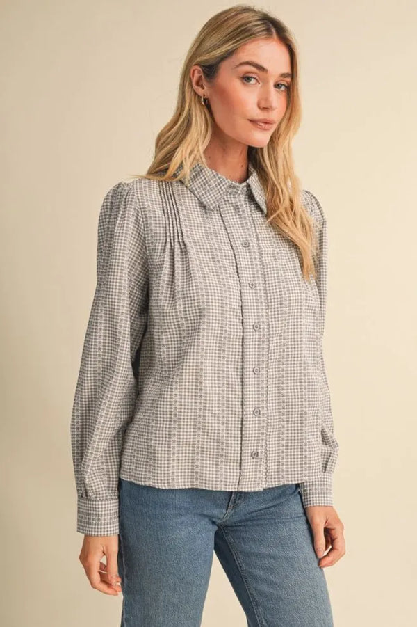 Grey Gingham Embroidered Trim Button Up Top