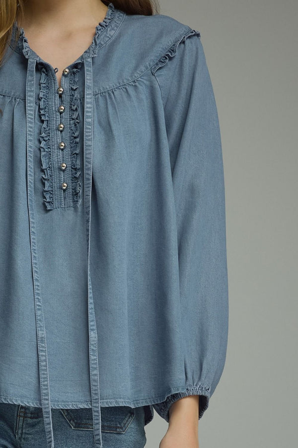 Long Sleeve Denim Top featuring Ruffled Trim
