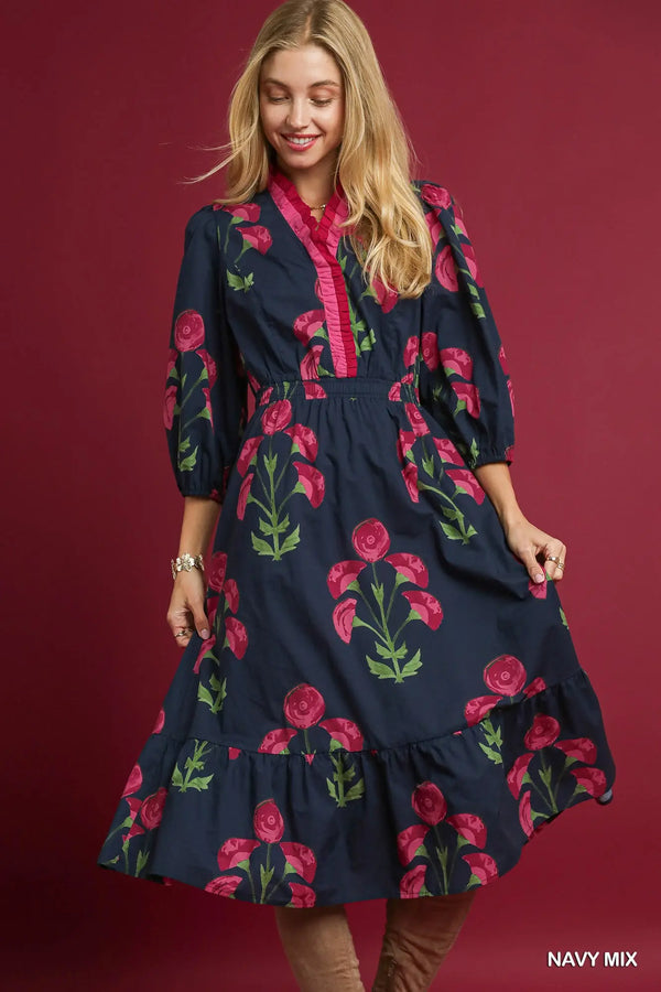 Navy Floral Midi Dress with Ruffle Trim and Elastic Waist
