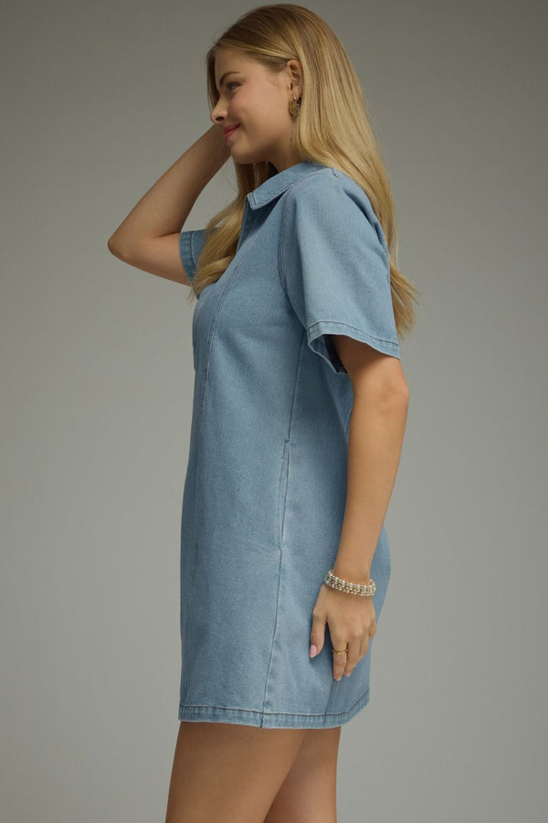 Denim Collared Short Sleeve Mini Dress w Front Zipper