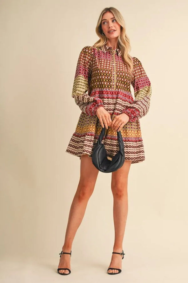 Purple & Olive Border Print Button Down Mini Dress