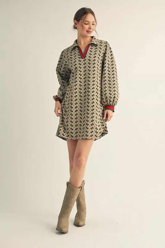 Puff Sleeve Geometric Print Shift Dress