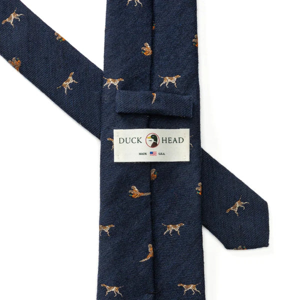 Wool Silk Dog & Pheasant Motif Tie - Indigo Blue