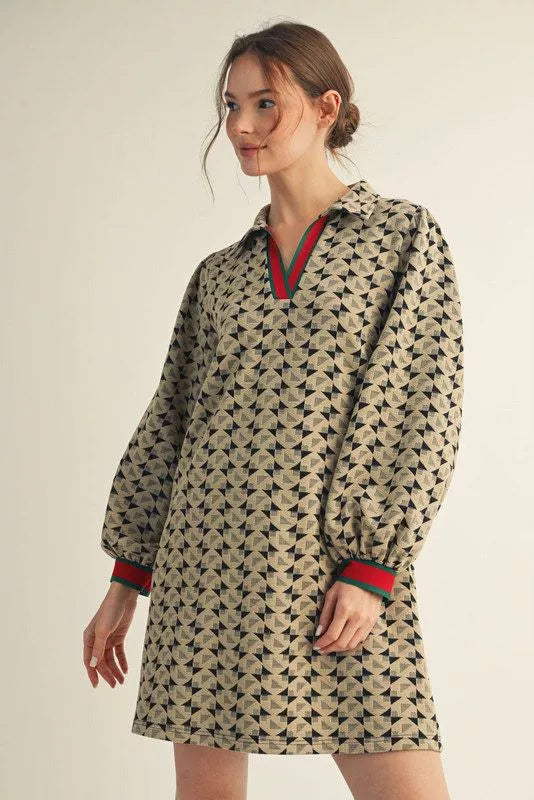 Puff Sleeve Geometric Print Shift Dress