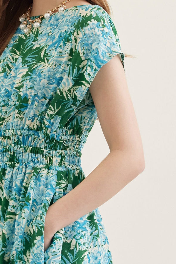 Botanical Green & Blue Print Cap Sleeve Midi Dress