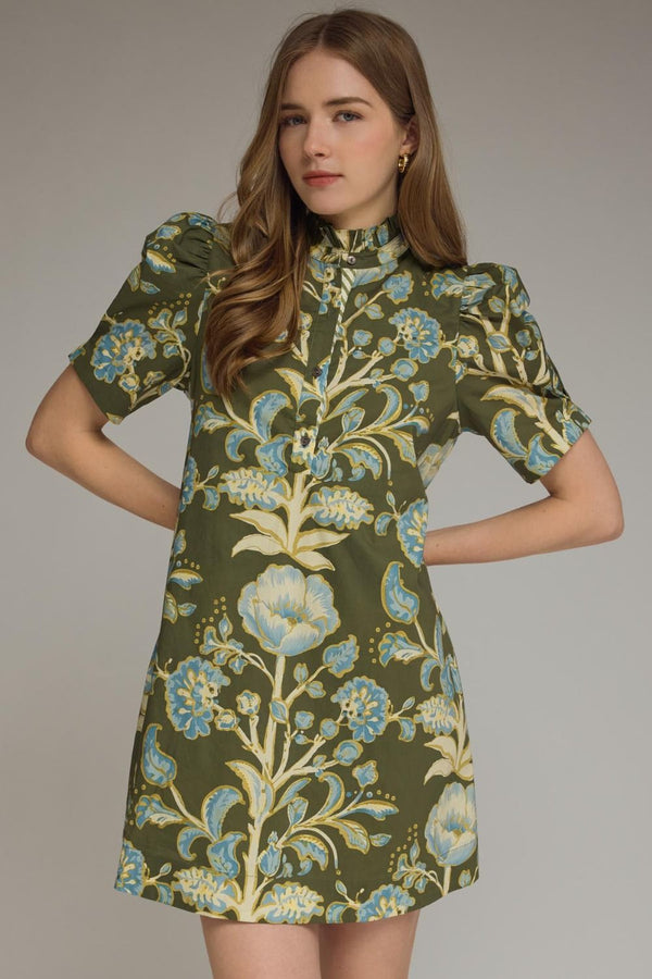 Olive Floral print Mini Dress Featuring Self-Tie Waist at Back