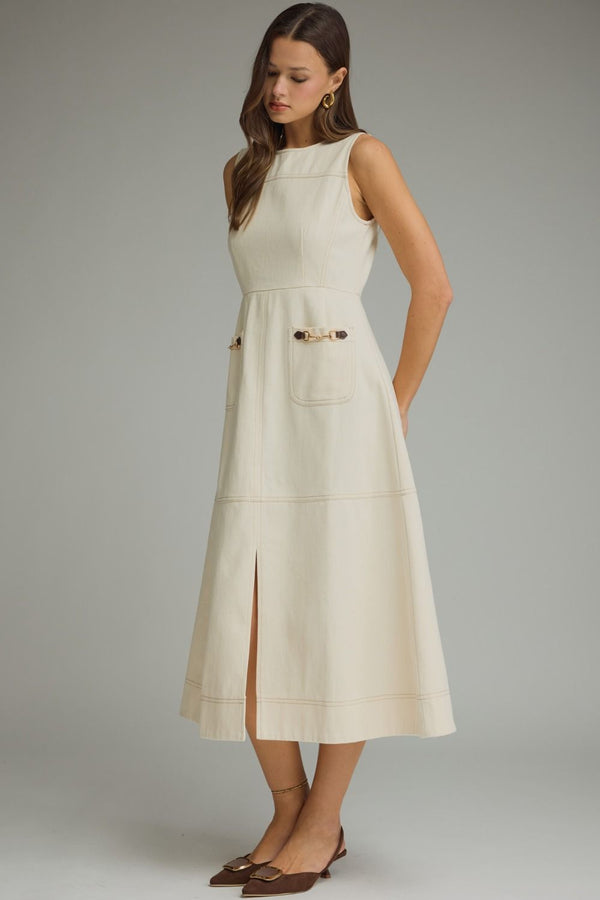Ecru Sleeveless Midi Dress w Horsebit Accent Detail