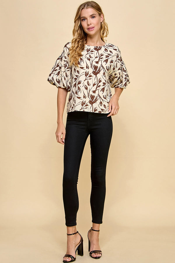 Chocolate Floral Balloon Sleeve Top