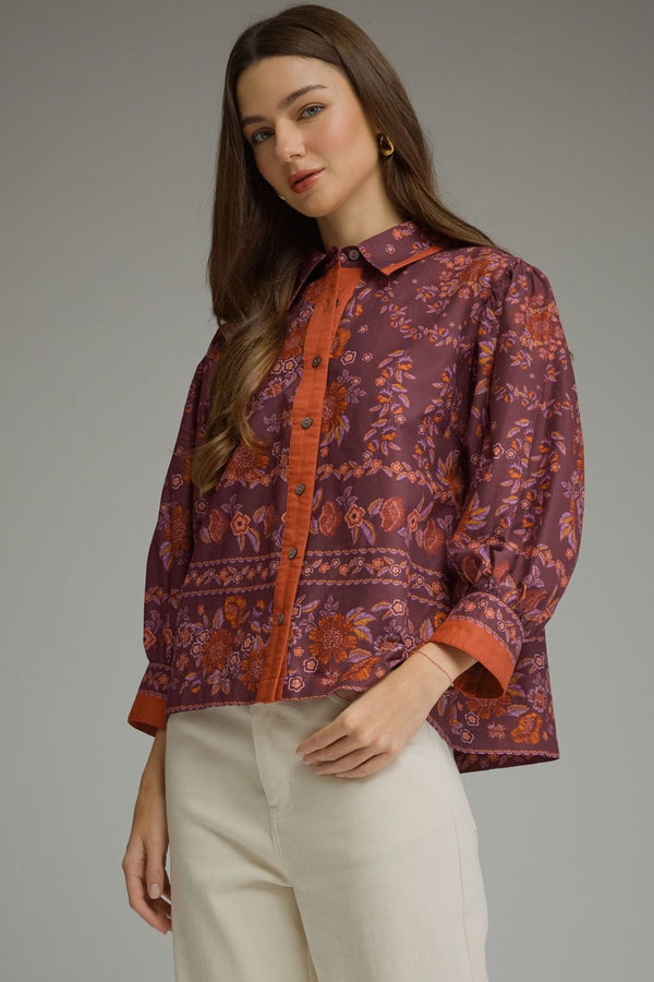 Wine Floral Print ¾ Sleeve Top w Contrast Trim