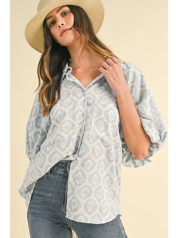 Geometric Printed Bubble Sleeve Button Down