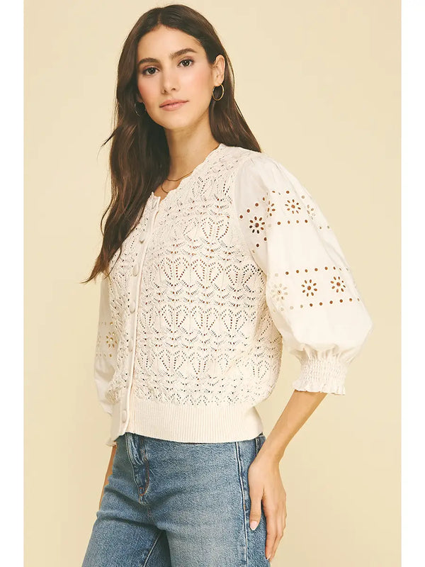 Eyelet & Knit Mixed Button Down Cardigan