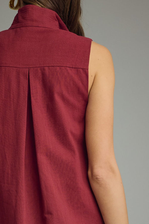 Solid Crimson Stand Collar Sleeveless Mini Dress