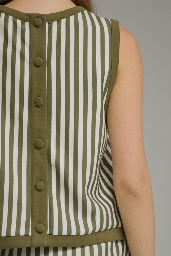Olive Stripe Sleeveless Round-Neck Top w Contrast Trim