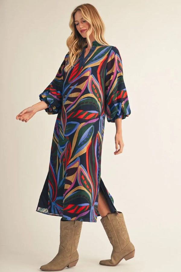 Navy Puff Sleeves Boho Floral Midi Dress