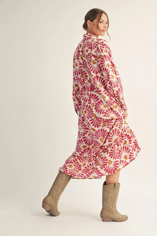 Magenta Boho Print Midi Dress