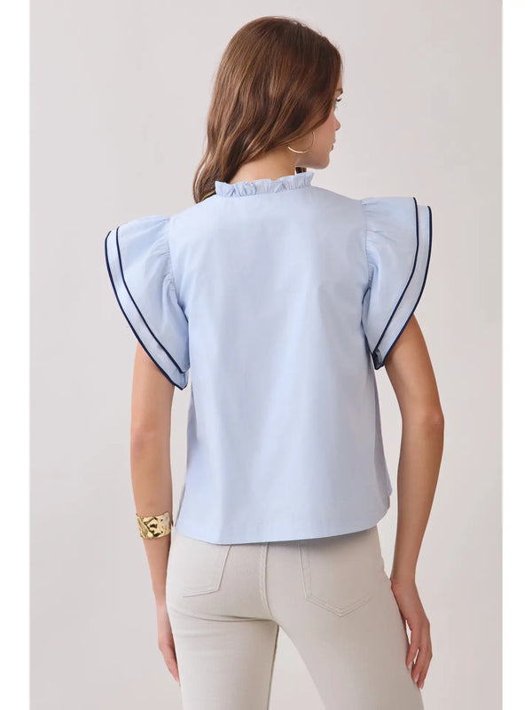 Ruffle Layered Flutter Sleeves Contrast Piping Top