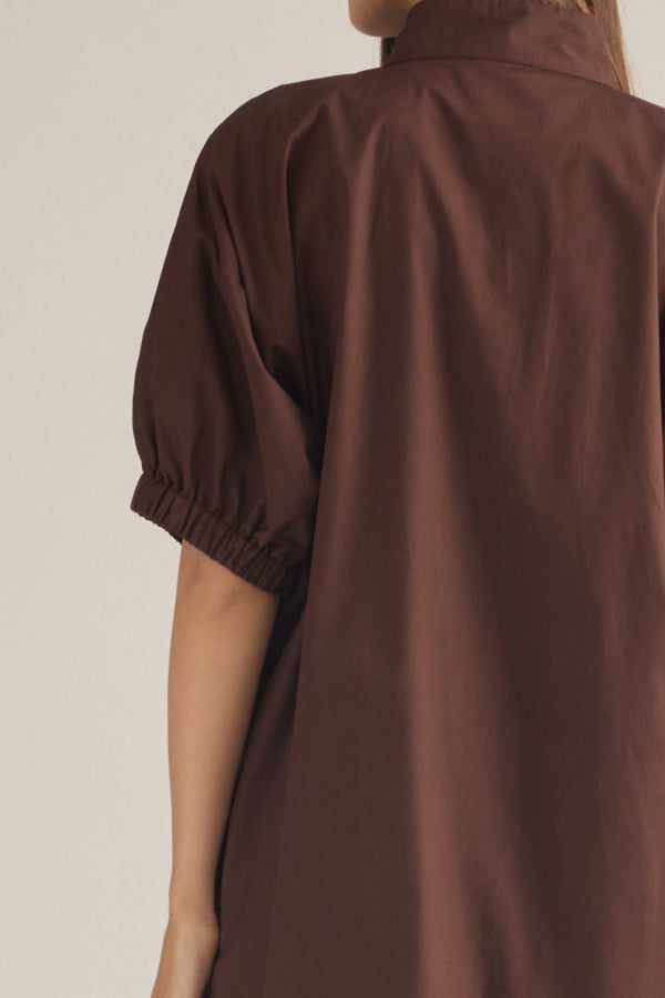 Solid Brown Short Puff Sleeve Mini Dress