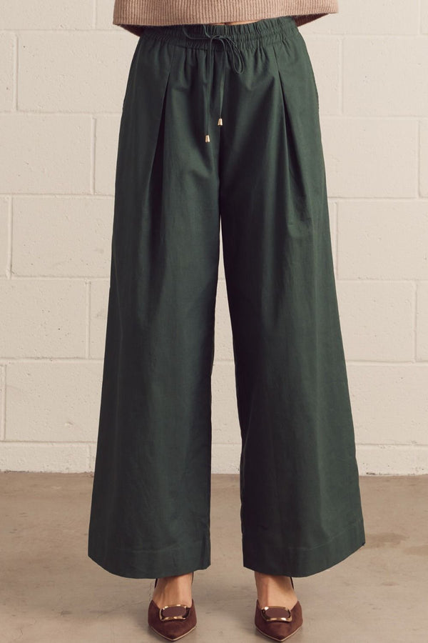 Forest Green Wide Leg Pants w Drawstring Waistband