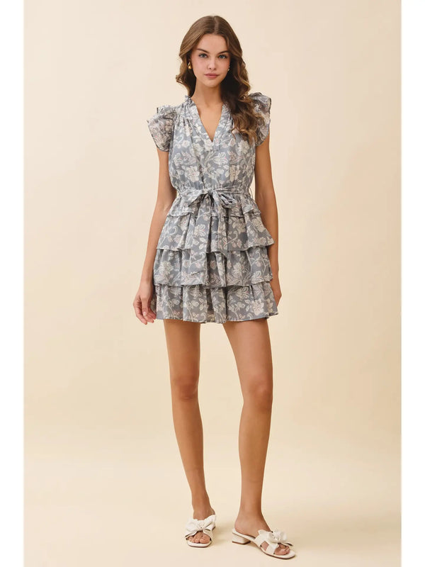 Floral Print Layered Ruffle Tiers V Neck Dress