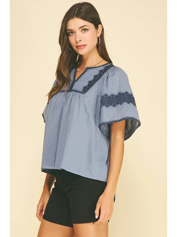 Boho Embroidred Blue Puff Sleeve Blouse