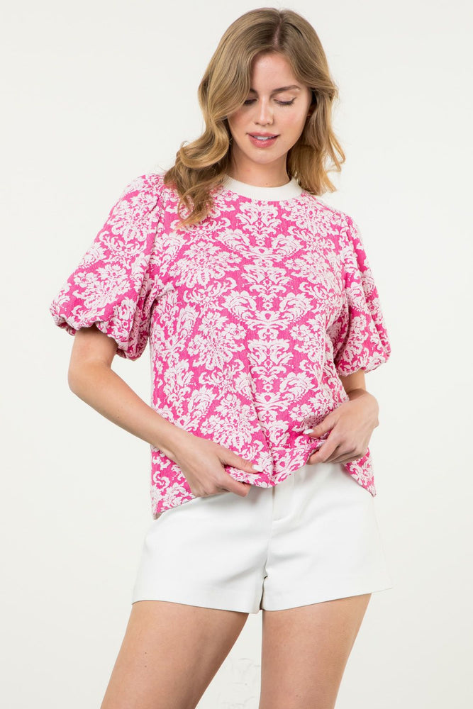 Puff Sleeve Textured Top - Pink