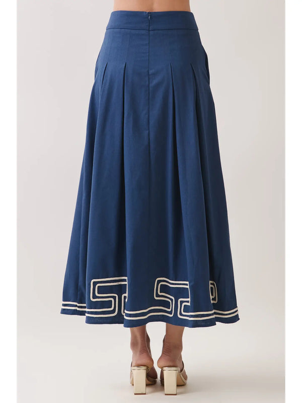 Navy Embroidered Border Pleated Maxi Skirt