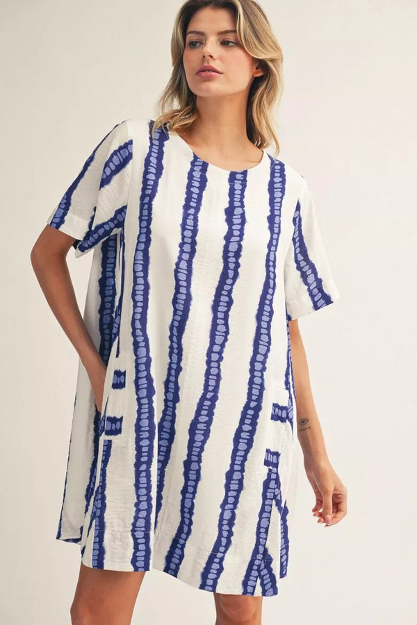 Blue Vertical Tie Dye Print Casual Dress