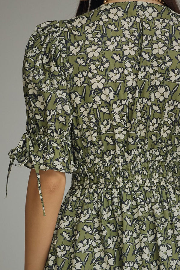 Olive Floral Print Puff Sleeve Midi Dress w Front Zipper Closure