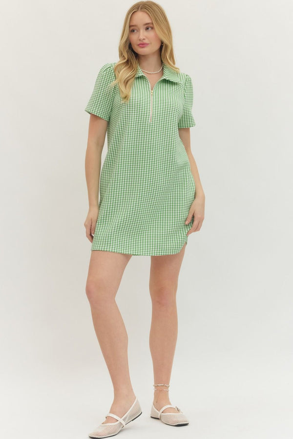 Green Gingham Print Mini Dress w Half Zip Detail