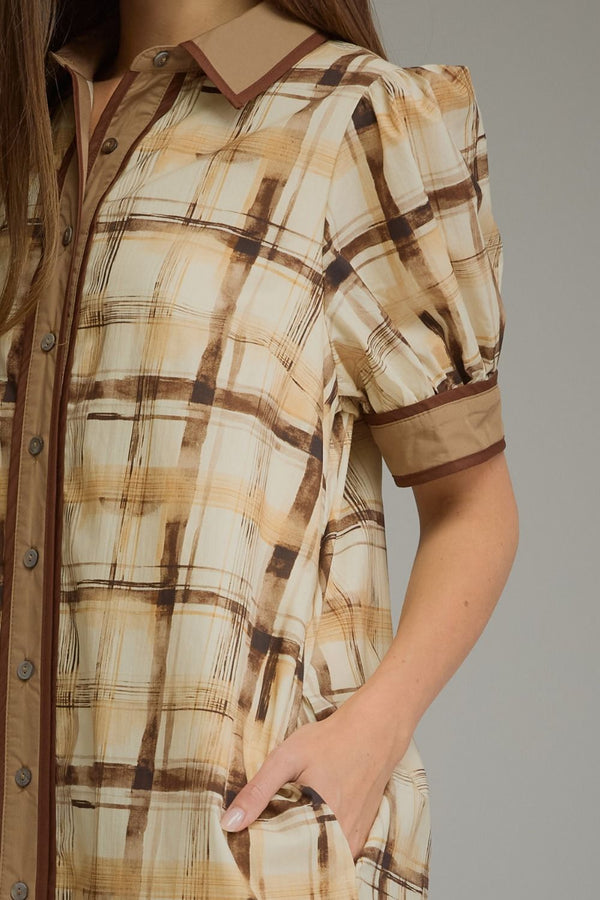 Brown Plaid Puff Sleeve Midi Dress w Contrast Trim