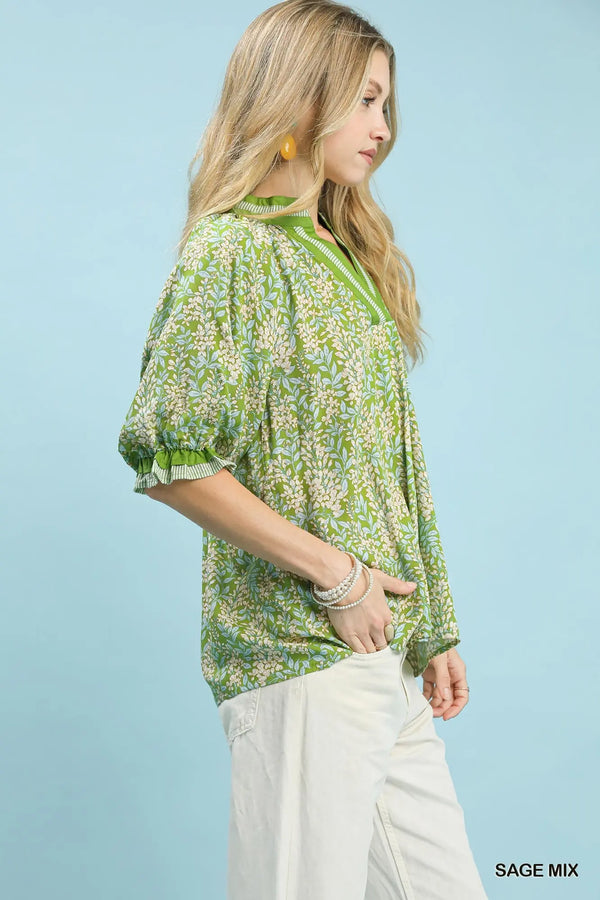 Spring Burst Print V-Neck Top