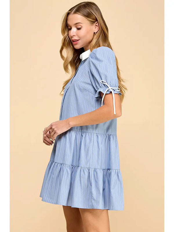 Striped Button Up Contrast Collar Shirt Dress