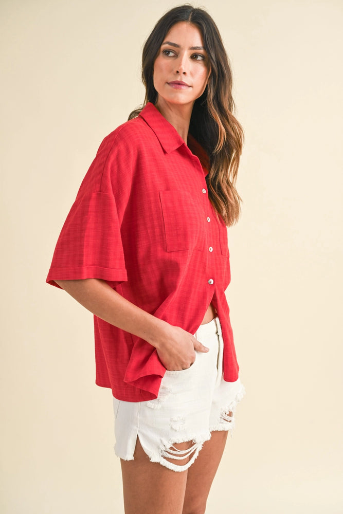 Linen Stripe Texture Oversized Shirt - Red