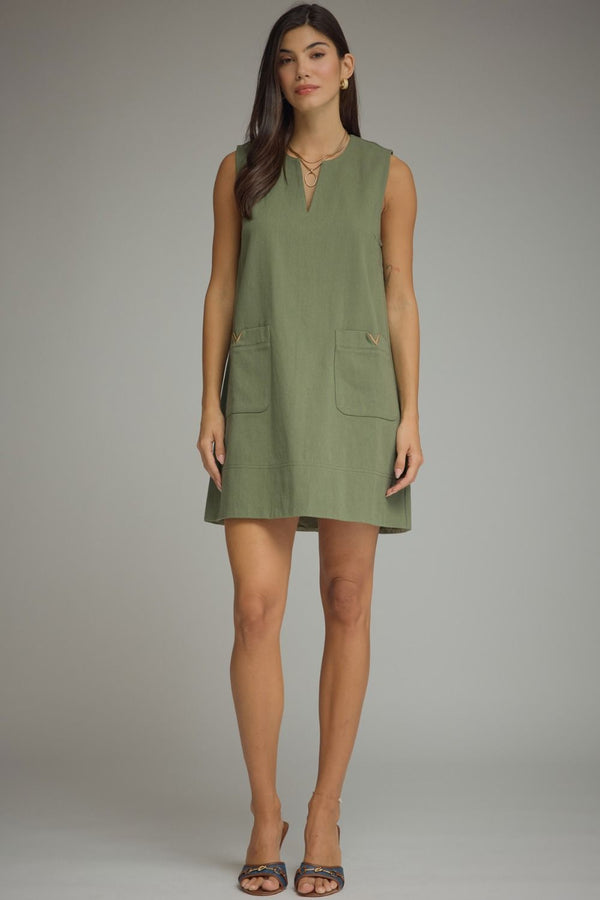 Olive Mini Dress Featuring Front Pockets With Metal Accent