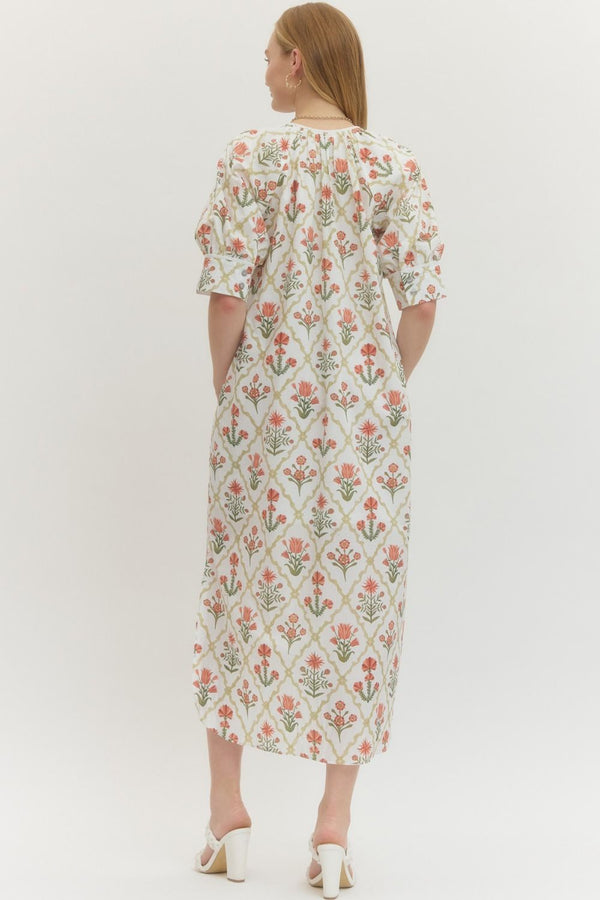 Salmon Floral Sleeve Midi Dress