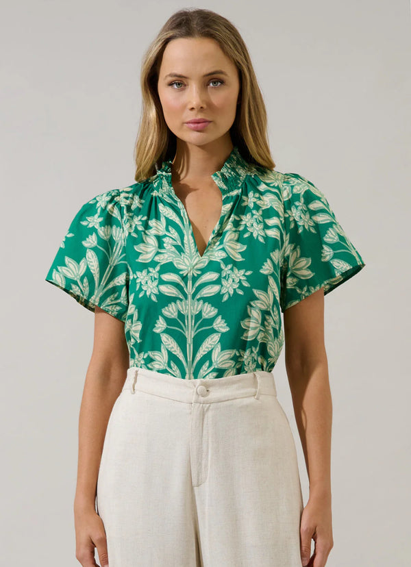 Barcy Smocked Top Estela Floral Kelly Cream