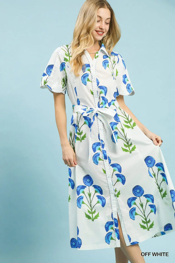 Off White Floral Belted Midi Dress