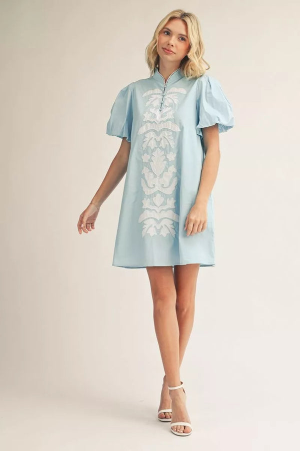 Short Aqua Puff Sleeves Shift Dress w Baroque Floral Applique