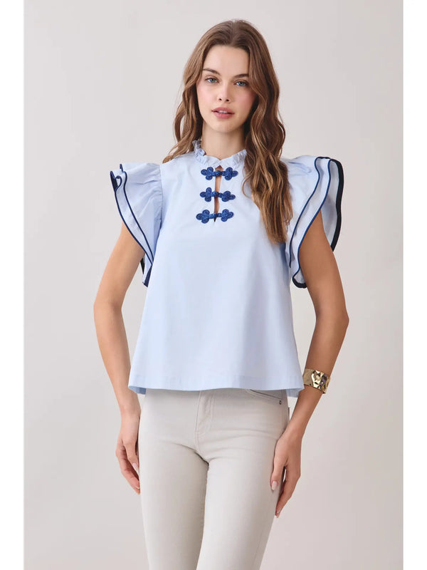 Ruffle Layered Flutter Sleeves Contrast Piping Top
