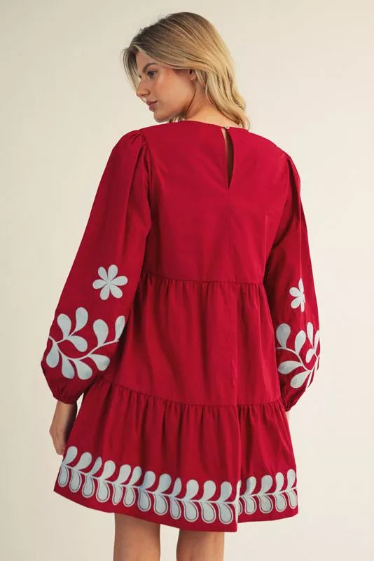 Wine and Light Blue Puff Sleeve Embroidery Dress