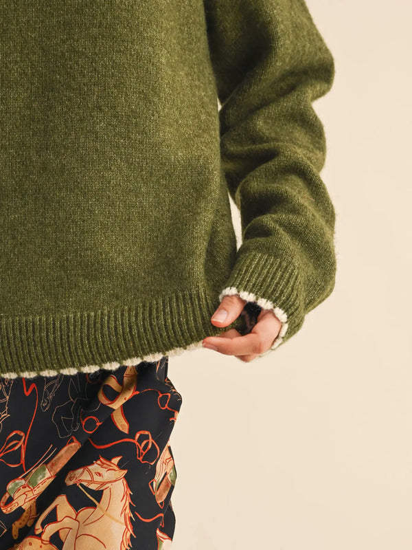 Olive Contrast Knit Scalloped Edge Sweater